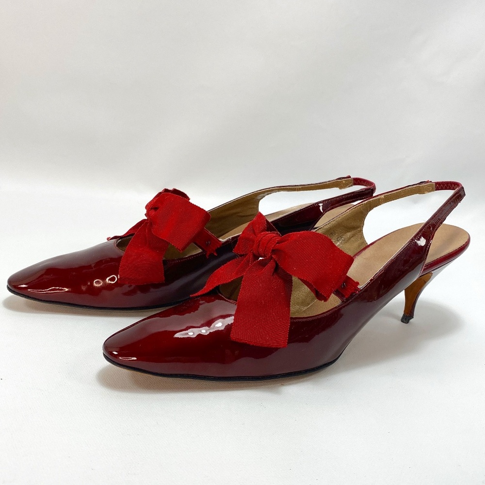 Vintage Bon Marche Maroon Leather Heels Size 9 AAA Ribbon Bows Sling Back Flaws